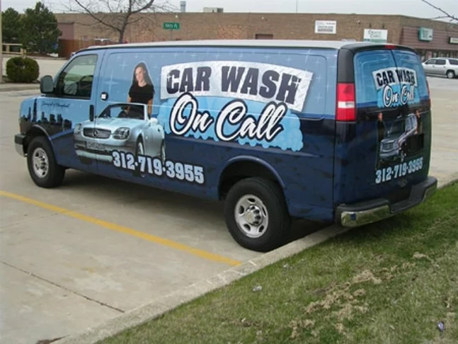 Digitally printed custom vehicle wrap advertisement for the On Call Car Wash